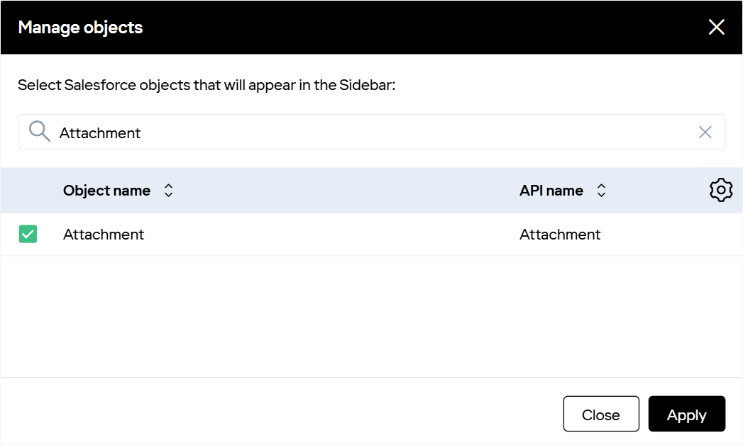 Attachment object is selected in the Manage objects dialogue