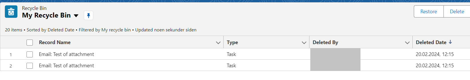 Deleted tasks in Recycle Bin